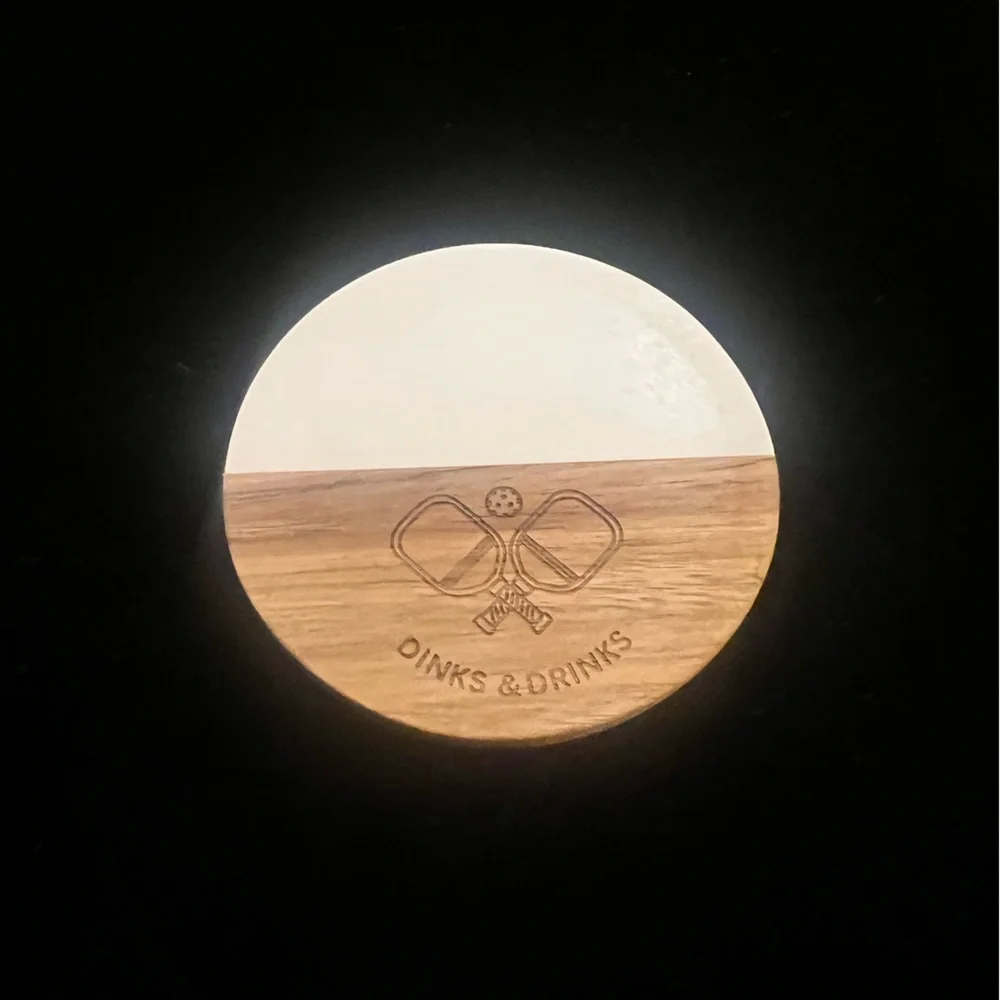 Wood and White Marble Coaster Pickleball 